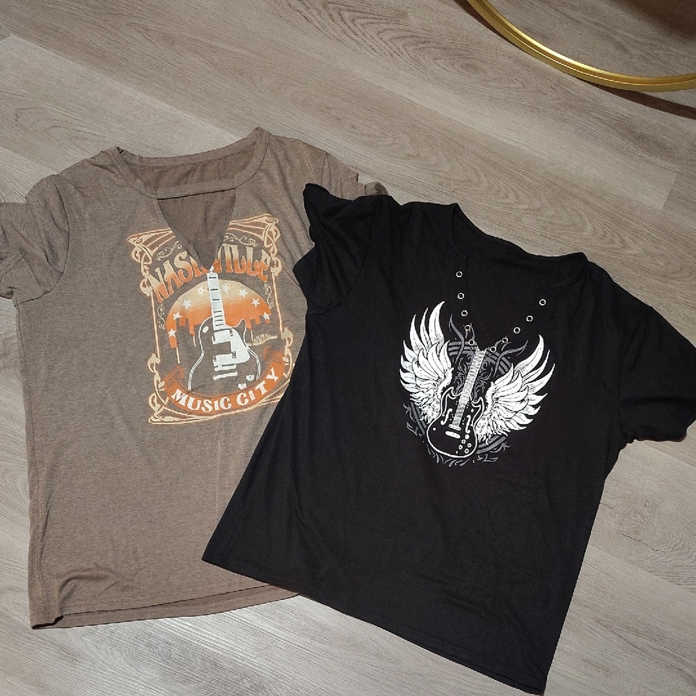 🆕2PC Nashville Guitar Themed T-shirts Blk XL(16/18), Brown 2X
